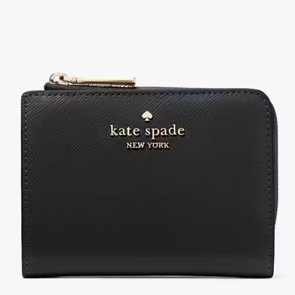 NWT Kate spade Madison Small L-Zip Wallet black and gold leather